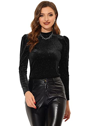 Allegra K Damen Langarm Stehkragen Samt Metallic Glitzer Puffärmel Top Bluse Schwarz M von Allegra K