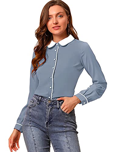 Allegra K Damen Langarm Bubikragen Kontrast Kragen Shirt Bluse Blau grau XS von Allegra K