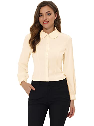 Allegra K Damen Arbeit Elegant Bluse Langarm Bubikragen Casual Knopfleiste Business Oberteil Shirt Aprikose S von Allegra K