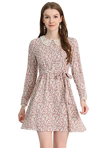 Allegra K Damen Langarm Bubikragen Panel Spitze Elegant Blumen Retro Shirtkleid Kleid Lila L von Allegra K