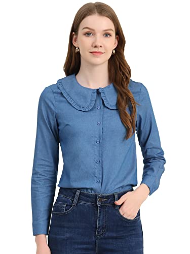 Allegra K Damen Langarm Bubikragen Rüschen Jeans Shirt Bluse Hellblau L von Allegra K