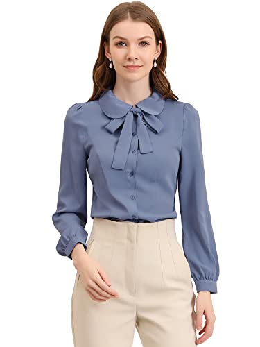 Allegra K Damen Langarm Chiffon Hemd Bubikragen Krawatten Ausschnitt Knopfleiste Elegante Top Bluse Staubiges Blau M von Allegra K