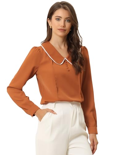 Allegra K Damen Langarm Bubikragen Schlüsselloch Rückenknopf Dekor Chiffon Top Bluse Karamell M von Allegra K