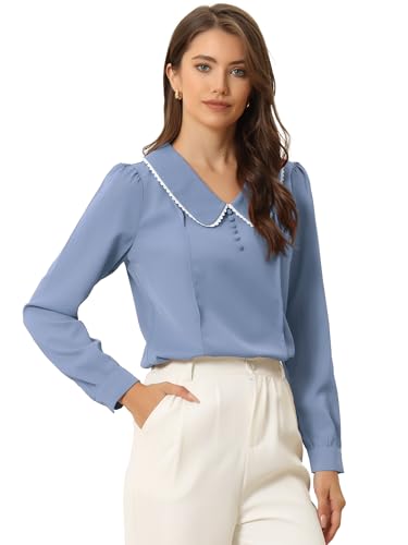 Allegra K Damen Langarm Bubikragen Schlüsselloch Rückenknopf Dekor Chiffon Top Bluse Taubenblau M von Allegra K