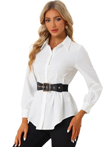 Allegra K Damen Langarm Büro Hemd Gürtel Tailliert, geknöpftes Oberteil Weiß XS von Allegra K