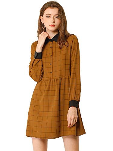Allegra K Damen Langarm Button Colorblock Kariert Hemdkleid Kleid Braun XL von Allegra K