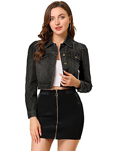 Allegra K Damen Jeansjacke Langarm Button Gewaschene Crop Jacke Schwarz L von Allegra K