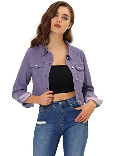 Allegra K Damen Jeansjacke Langarm Knopfleiste Kurze Denim Jacke Violett M von Allegra K