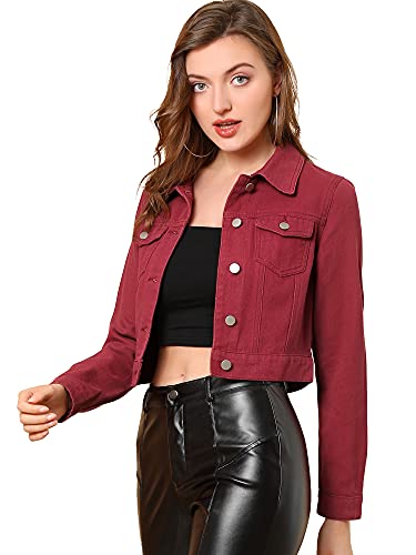 Allegra K Damen Jeansjacke Langarm Knopfleiste Kurze Denim Jacke Weinrot M von Allegra K