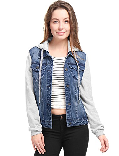 Allegra K Damen Jeansjacke mit Kapuze Langarm Button Panel Hoodie Denim Jacke Dunkelblau M von Allegra K