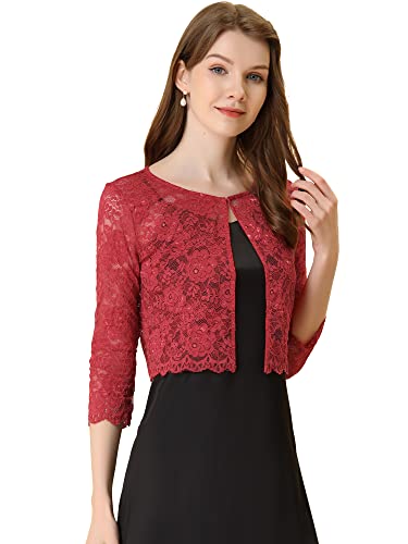Allegra K Damen Brautjacke Bolero Festlich Kurz 3/4 Ärmel Durchsichtig Blumen Spitze Shrug Crop Cardigan Spitzebolero Rot L von Allegra K