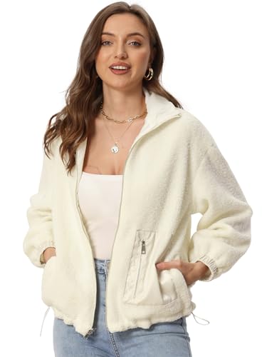 Allegra K Damen Langarm Cardigan Revers Warm Reißverschluss Fuzzy Jacke Winter Mäntel Creme XS von Allegra K
