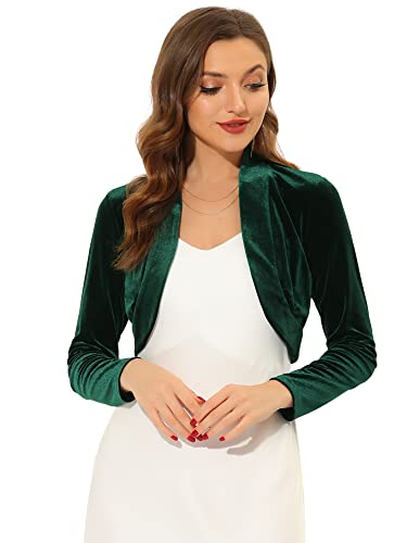 Allegra K Damen Langarm Cardigan Samt Open Front Cropped Bolero Shrug, dunkelgrün, 42 von Allegra K