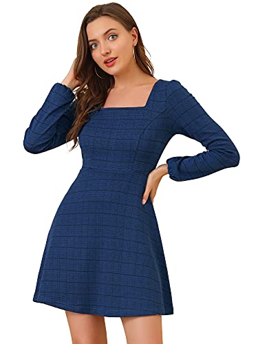 Allegra K Damen Langarm A-Linie Quadratischer Hals Kariertes Minikleid Elegantes Arbeit Plaid Kleid Blau M von Allegra K