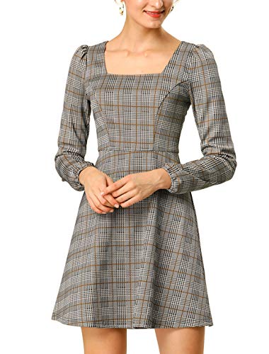 Allegra K Damen Langarm A-Linie Quadratischer Hals Kariertes Minikleid Elegantes Arbeit Plaid Kleid Braun M von Allegra K