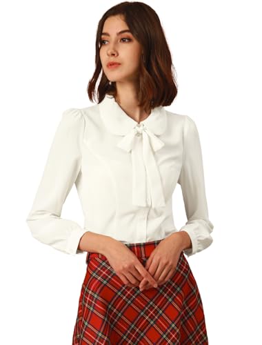 Allegra K Damen Langarm Chiffon Hemd Bubikragen Krawatten Ausschnitt Knopfleiste Elegante Top Bluse Weiß M von Allegra K