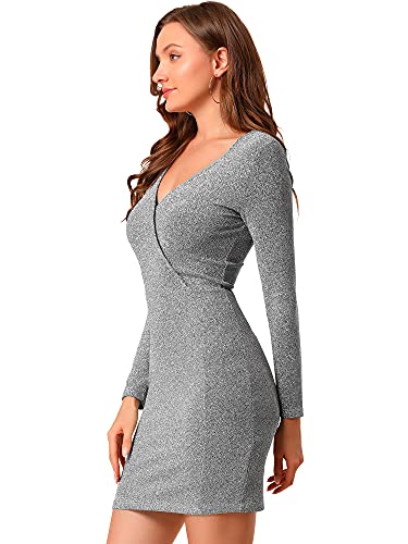 Allegra K Damen Langarm Cocktail V-Ausschnitt Abendkleid Metallic Glitzer Party Wickelkleid Minikleid Silber XS von Allegra K