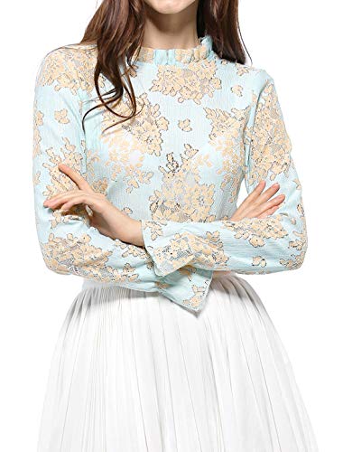 Allegra K Damen Spitzeoberteil Trompetenärmel Rüschenhals Blumen Spitze Bluse Strick Shirt Hellblau XS von Allegra K