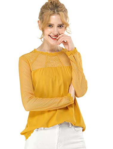 Allegra K Damen Langarm Crew Neck Panel Spitze Blumen Top Bluse Gelb XS von Allegra K