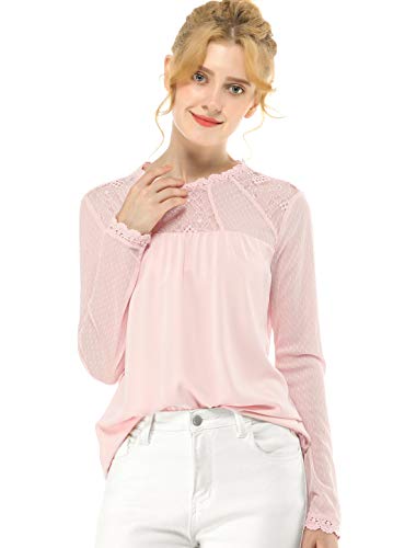 Allegra K Damen Langarm Crew Neck Panel Spitze Blumen Top Bluse Rosa M von Allegra K