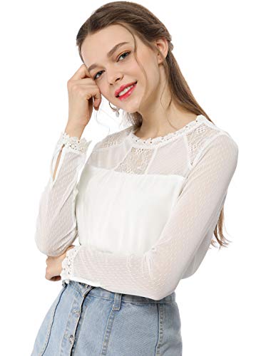 Allegra K Damen Langarm Crew Neck Panel Spitze Blumen Top Bluse Weiß L von Allegra K