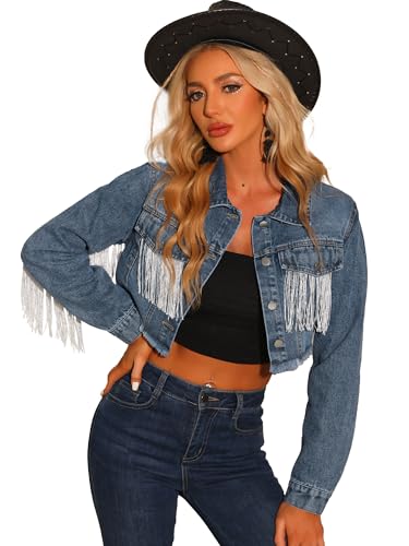 Allegra K Damen Langarm Crop Jeansjacke Lässig Knopfleiste Denim Jacke Blau L von Allegra K
