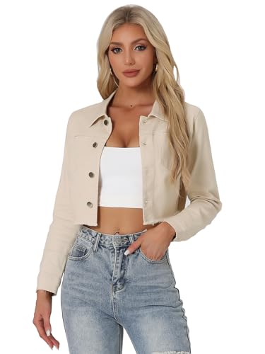 Allegra K Damen Langarm Denim Jacken Button Up Washed Umlegekragen Cropped Jeansjacke Beige L von Allegra K