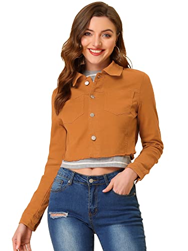 Allegra K Damen Langarm Denim Jacken Button Up Washed Umlegekragen Cropped Jeansjacke Braun L von Allegra K