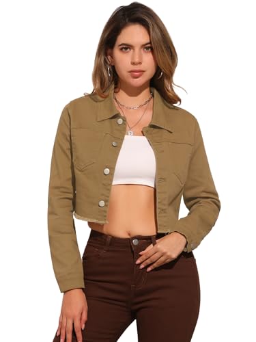 Allegra K Damen Langarm Denim Jacken Button Up Washed Umlegekragen Cropped Jeansjacke Dunkelbraun S von Allegra K