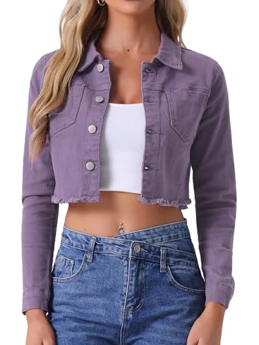Allegra K Damen Langarm Denim Jacken Button Up Washed Umlegekragen Cropped Jeansjacke Gräu Violett M von Allegra K