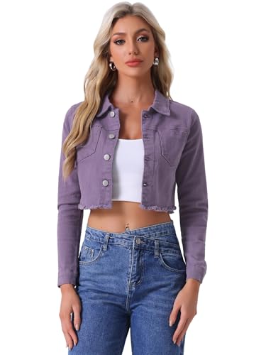 Allegra K Damen Langarm Denim Jacken Button Up Washed Umlegekragen Cropped Jeansjacke Gräu Violett XL von Allegra K