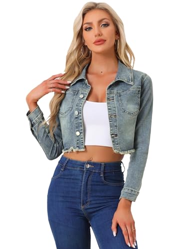 Allegra K Damen Langarm Denim Jacken Button Up Washed Umlegekragen Cropped Jeansjacke Grau Blaue L von Allegra K