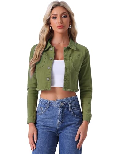 Allegra K Damen Langarm Denim Jacken Button Up Washed Umlegekragen Cropped Jeansjacke Grün M von Allegra K