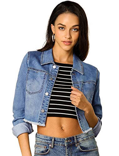Allegra K Damen Langarm Denim Jacken Button Up Washed Umlegekragen Cropped Jeansjacke Hellblau L von Allegra K