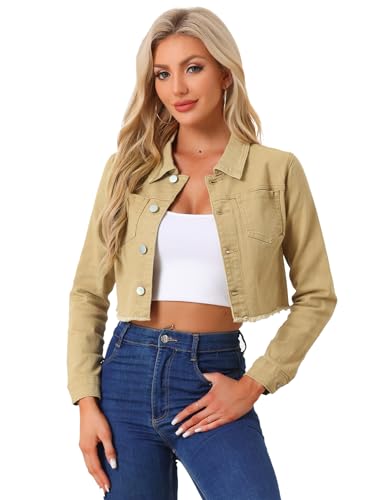 Allegra K Damen Langarm Denim Jacken Button Up Washed Umlegekragen Cropped Jeansjacke Khaki XL von Allegra K