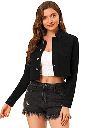 Allegra K Damen Langarm Denim Jacken Button Up Washed Umlegekragen Cropped Jeansjacke Schwarz M von Allegra K