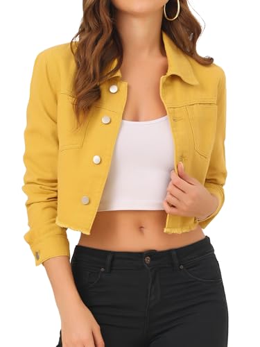 Allegra K Damen Langarm Denim Jacken Button Up Washed Umlegekragen Cropped Jeansjacke Senfgelb XS von Allegra K