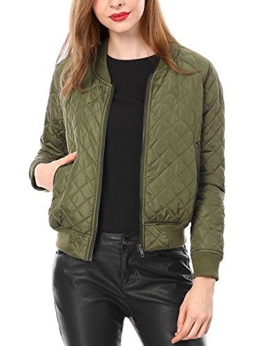 Allegra K Damen Langarm Diamond Gesteppte Jacke Reißverschluss Bomberjacke Casual Jacke Grün L von Allegra K