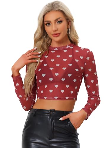 Allegra K Damen Langarm Durchsichtig Mesh Herz Muster Kostüm Crop Top Bluse Rot L von Allegra K