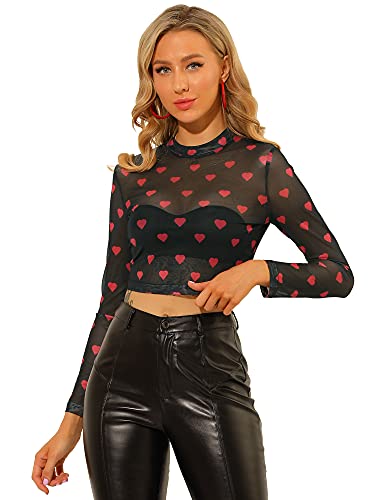 Allegra K Damen Langarm Durchsichtig Mesh Herz Muster Kostüm Crop Top Bluse Schwarz L von Allegra K