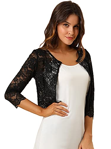 Allegra K Damen Bolero Festlich 3/4 Ärmel Durchsichtig Blumen Spitze Shrug Crop Cardigan Spitzebolero Schwarz L von Allegra K