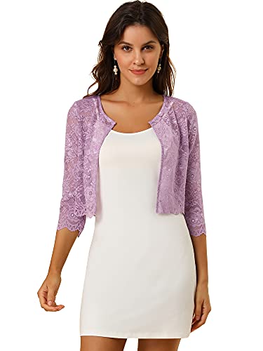 Allegra K Damen Bolero Festlich 3/4 Ärmel Durchsichtig Blumen Spitze Shrug Crop Cardigan Spitzebolero Violett L von Allegra K