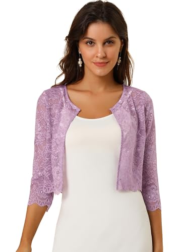 Allegra K Damen Brautjacke Spitzen Bolero Festlich Kurz 3/4 Ärmel Durchsichtig Blumen Spitze Shrug Crop Cardigan Boleros Violett L von Allegra K