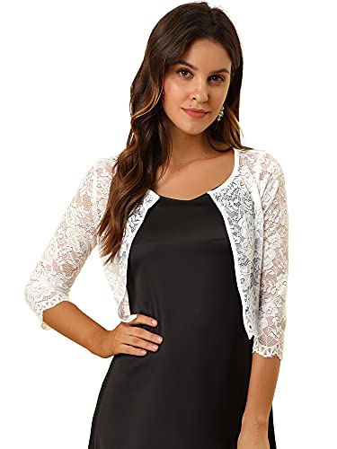 Allegra K Damen Bolero Festlich 3/4 Ärmel Durchsichtig Blumen Spitze Shrug Crop Cardigan Spitzebolero Weiß L von Allegra K