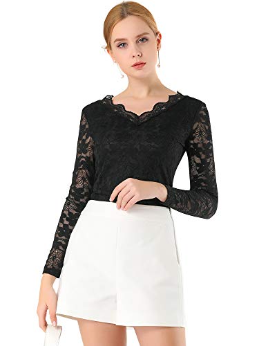 Allegra K Damen Langarm Durchsichtig Spitze Dirndl Trachtenbluse Oberteil Rüschenkragen Mesh Blumen Lace Top Bluse Schwarz L von Allegra K