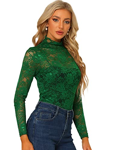 Allegra K Damen Langarm Durchsichtig Spitze Oberteil Stehkragen Mesh Blumen Lace Hochgeschlossene Top Bluse Dunkelgrün L von Allegra K