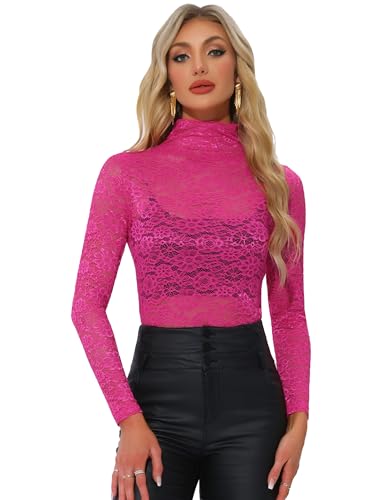 Allegra K Damen Langarm Durchsichtig Spitze Oberteil Stehkragen Mesh Blumen Lace Hochgeschlossene Top Bluse Fuchsia XL von Allegra K