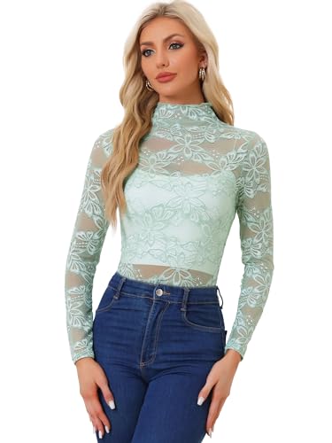 Allegra K Damen Langarm Durchsichtig Spitze Oberteil Stehkragen Mesh Blumen Lace Hochgeschlossene Top Bluse Hell Grün S von Allegra K