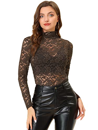 Allegra K Damen Langarm Durchsichtig Spitze Oberteil Stehkragen Mesh Blumen Lace Hochgeschlossene Top Bluse Kaffee XS von Allegra K