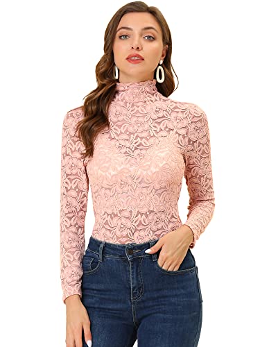 Allegra K Damen Langarm Durchsichtig Spitze Oberteil Stehkragen Mesh Blumen Lace Hochgeschlossene Top Bluse Rosa M von Allegra K